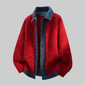 Denim-Collar Knit Cardigan
