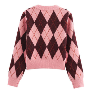 Pink & Red Argyle Pattern Cardigan
