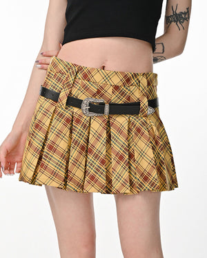 Double Belt Plaid Pleated Skirt in Yellow