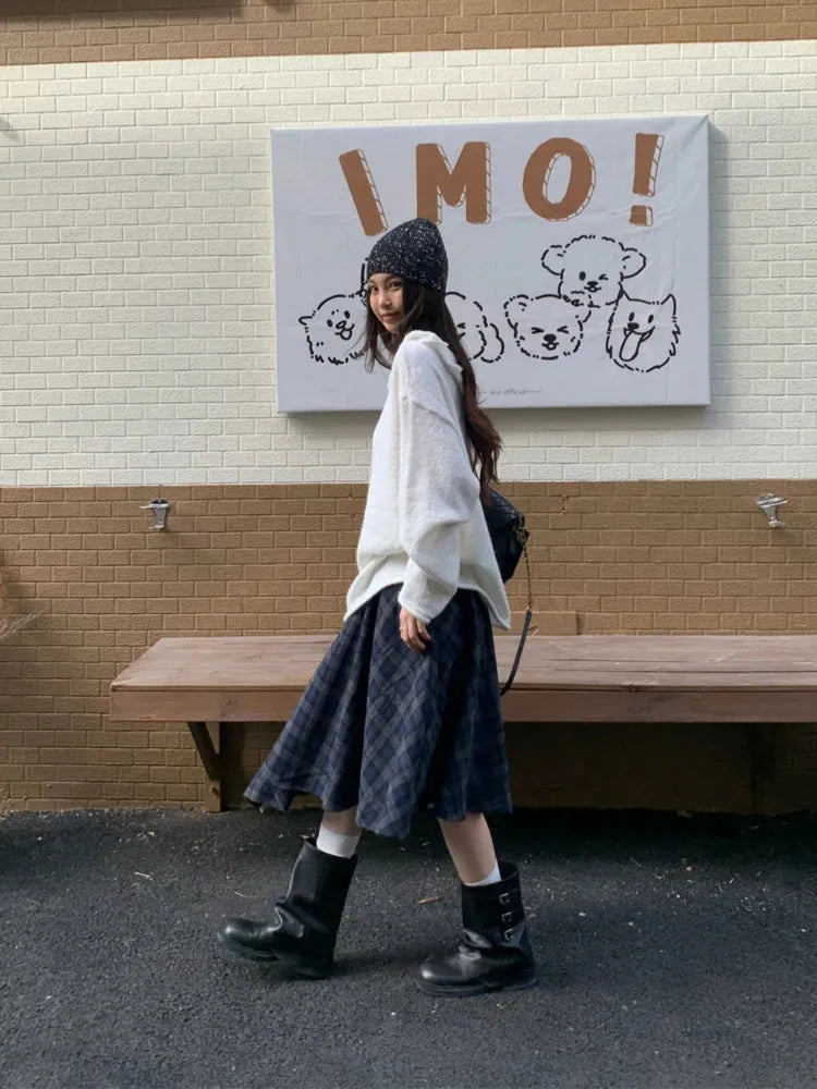 Asymmetric Plaid Midi Skirt