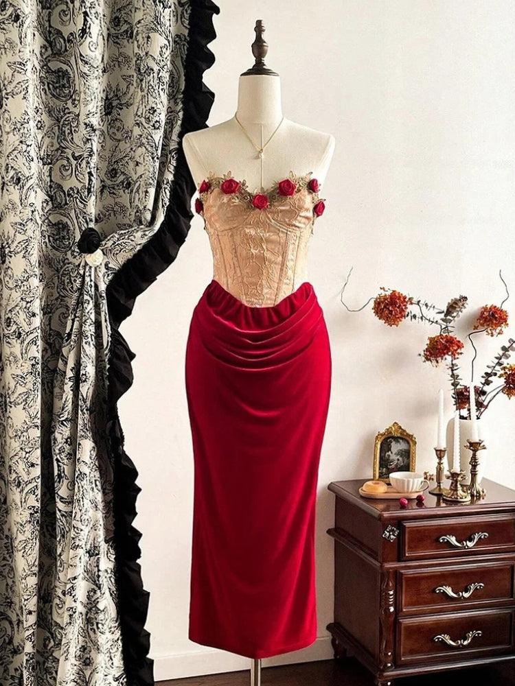 Rose Velvet Corset Midi Dress