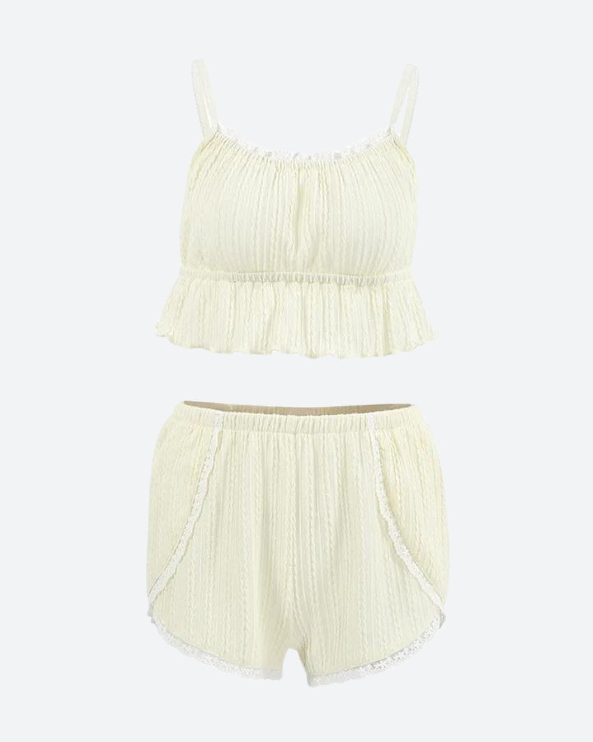 Ruffled Crop Top & Lace Trim Shorts Two Piece Set