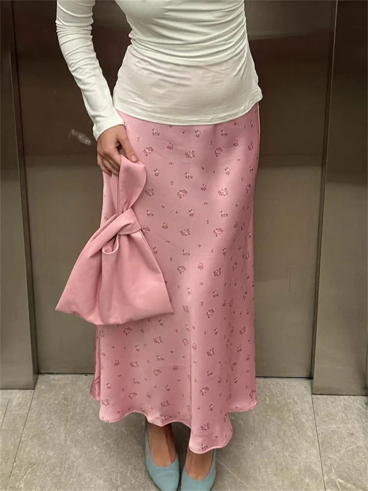 Soft Girl Floral Satin Midi Skirt