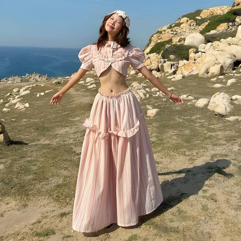 Soft Girl Striped Crop Top & Maxi Skirt Two Piece Set