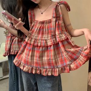 Grandma Aesthetic Plaid Bow-Tie Top