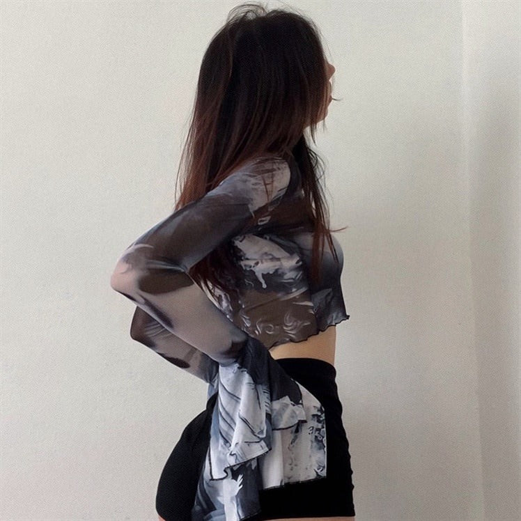 Futuristic Flare Sleeves Mesh Top