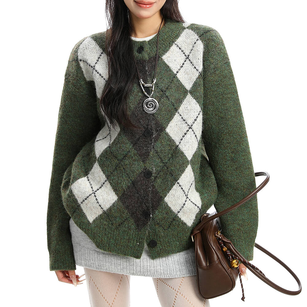 Library Crush Argyle Button Up Cardigan