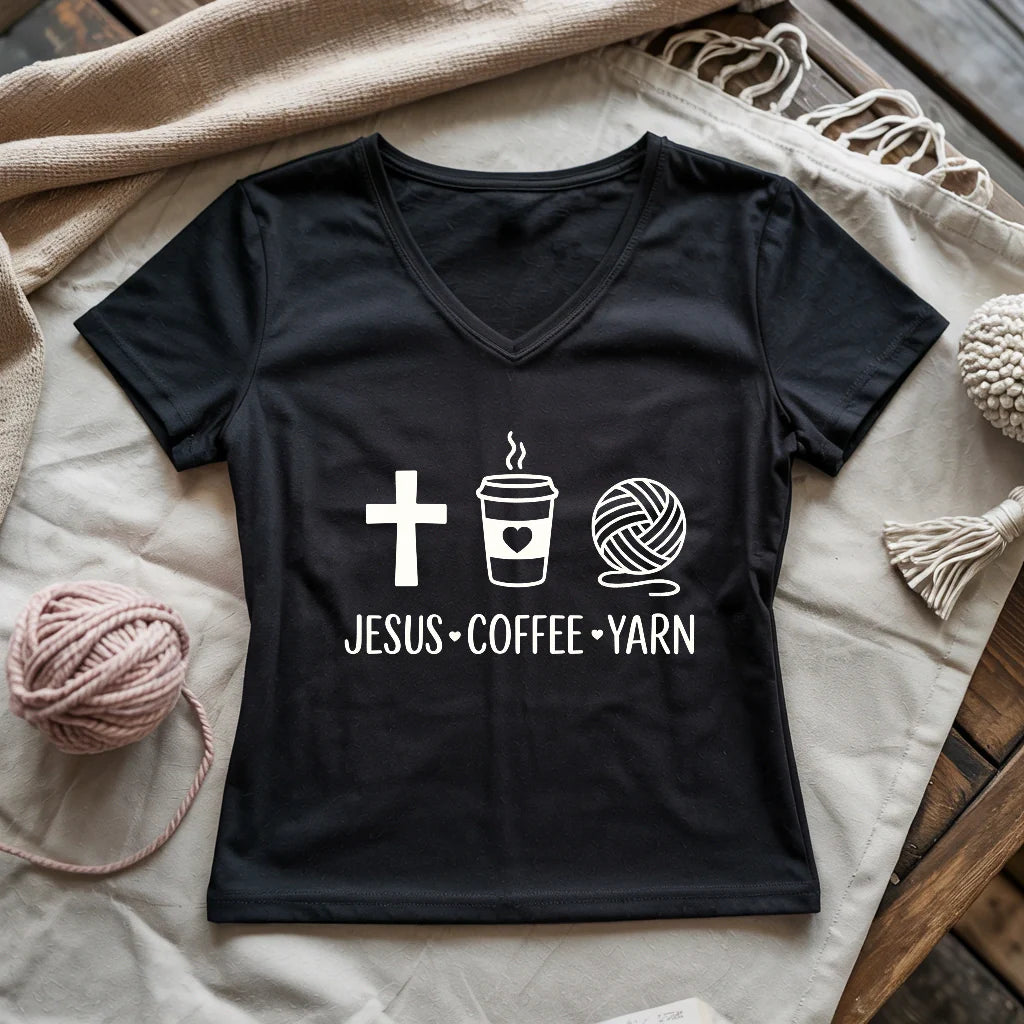 Jesus, Coffee and Yarn Lady V-neck