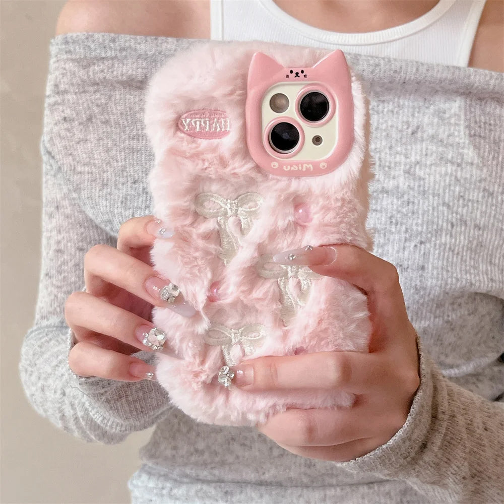 Bow Embroidery Fluffy iPhone Case