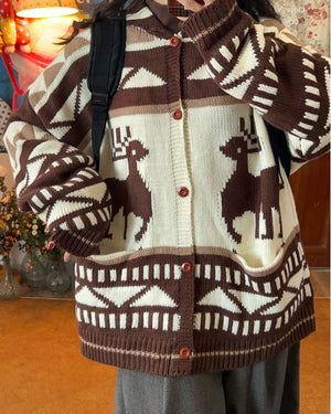 Brown Reindeer Knit Hooded Cardigan