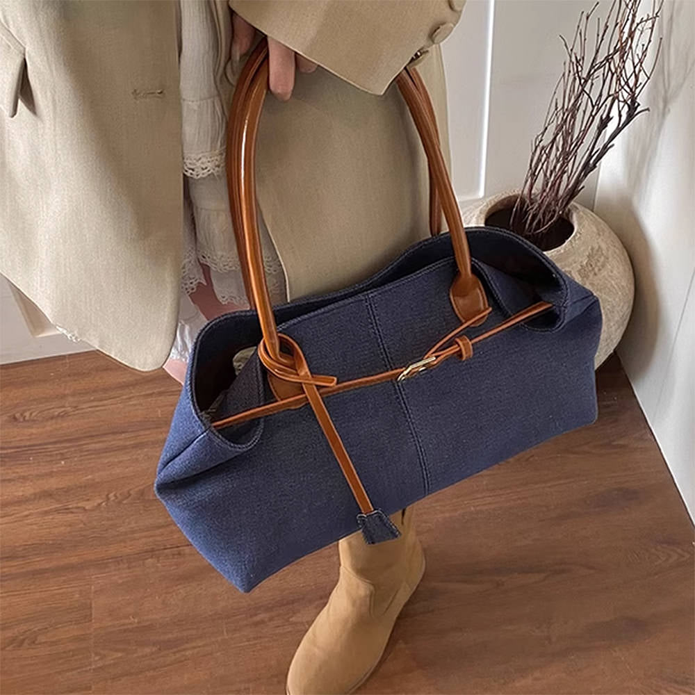 Color Block Denim Belted Bag