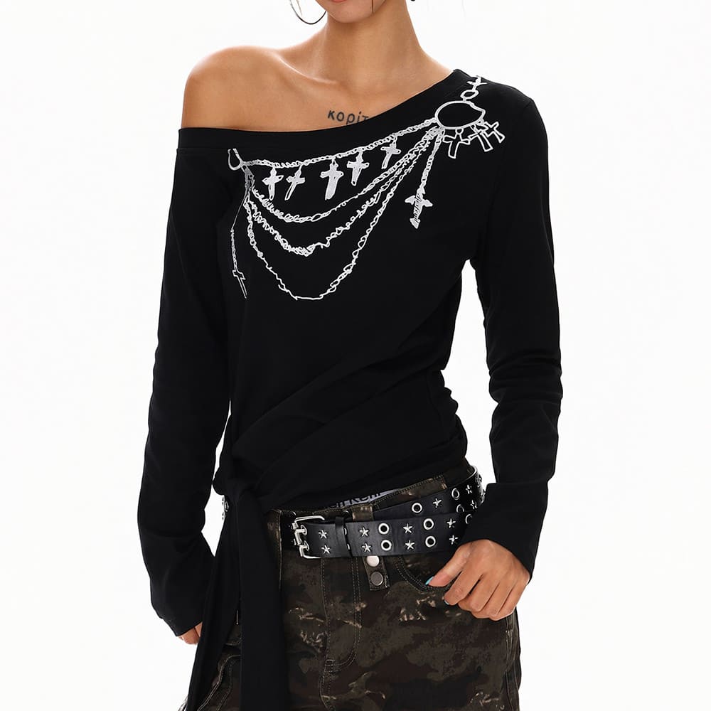 Cross Chain Print One-Shoulder Top