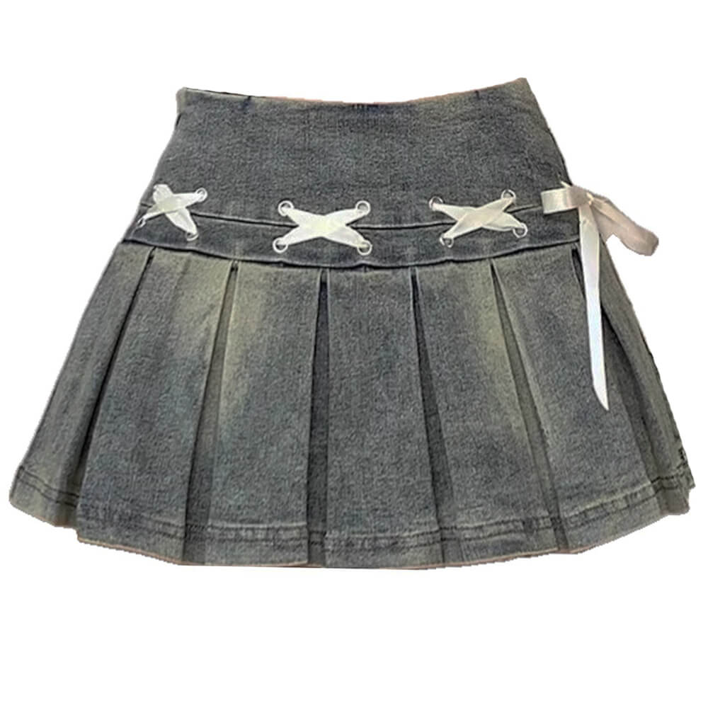 Fairy Grunge Lace Up Denim Pleated Skirt