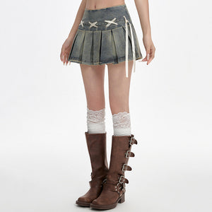 Fairy Grunge Lace Up Denim Pleated Skirt