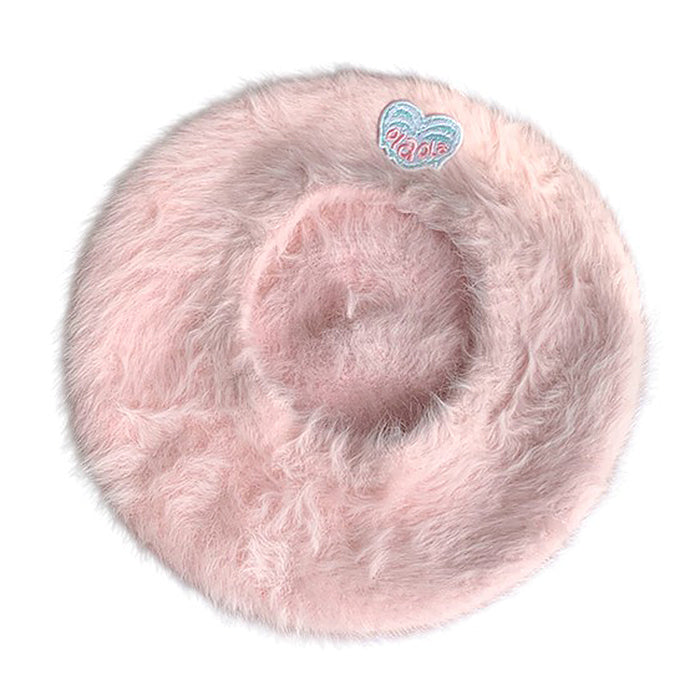 Cotton Candy Fluffy Beret with Heart Patch