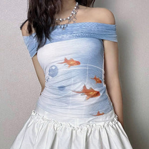 Goldfish Print Off-Shoulder Top
