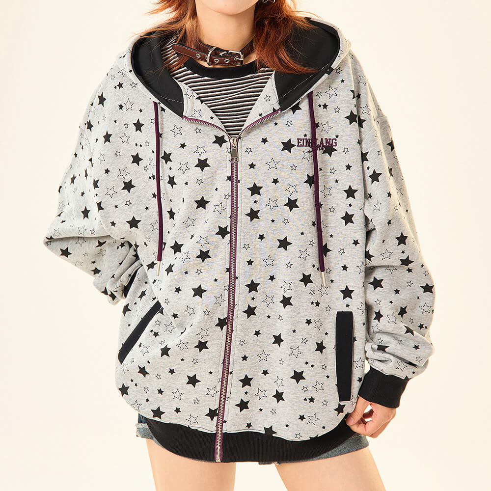2010’s Grey Star Print Zip Up Hoodie