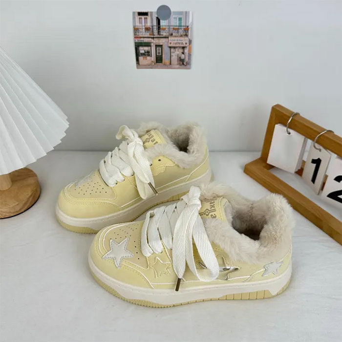 Pastel Yellow Star Fur-Lined Sneakers