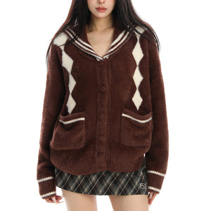 Preppy Plush Argyle Cardigan