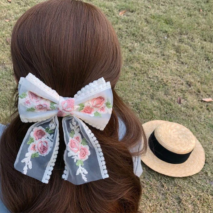 Rose Embroidery Lace Hair Bow