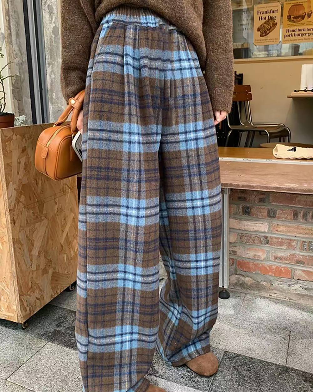 Autumn Study Vintage Plaid Wide Leg Pants