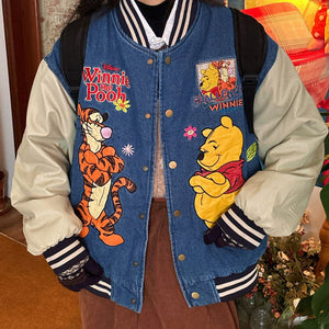 Cartoon Embroidery Denim Bomber Jacket