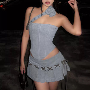 Y2K Asymmetrical Top & Pleated Mini Skirt Co-Ord